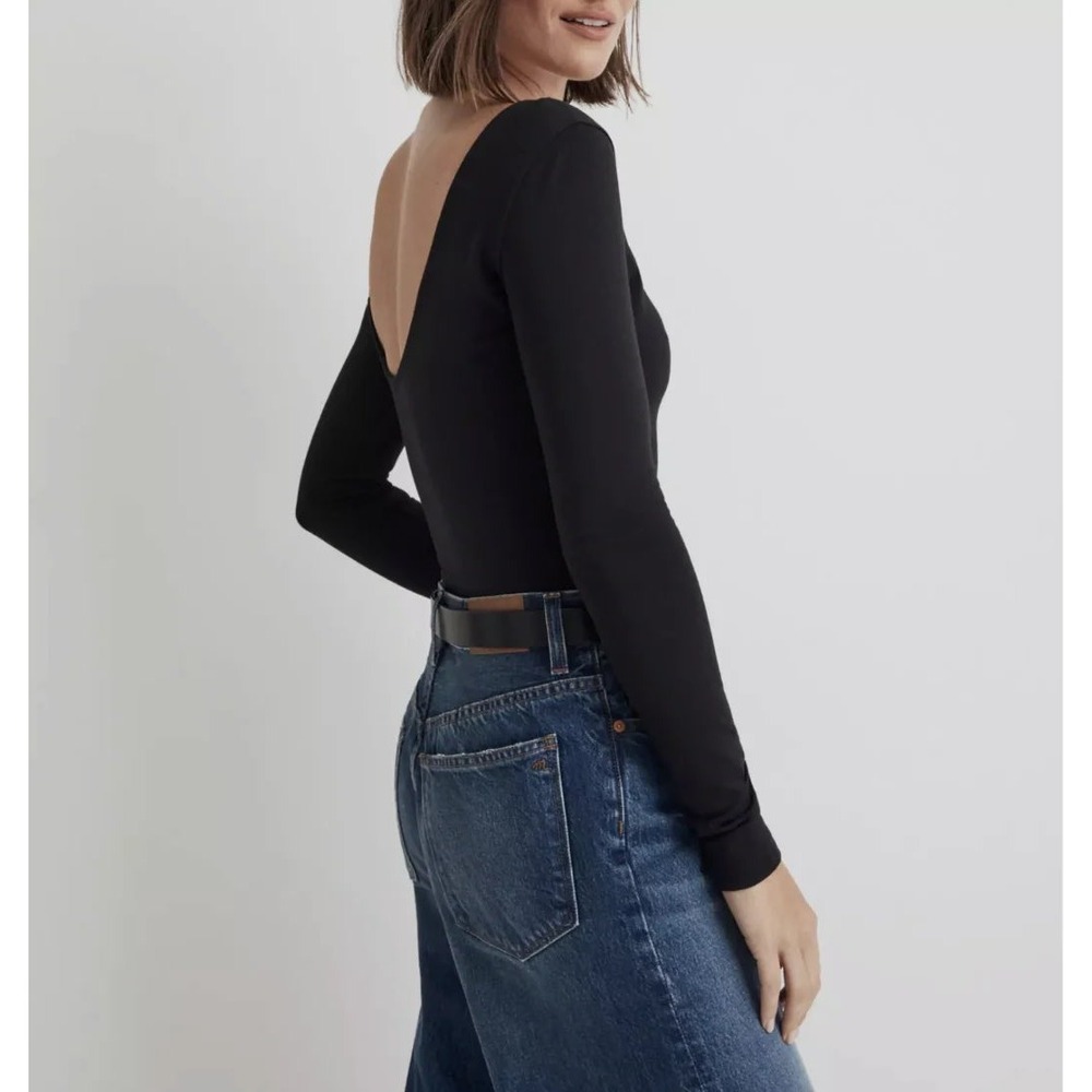 Madewell Open Back Long Sleeve Womens Thong Bodysuit Black Small Cotton Modal